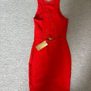 H&M Red Sleeveless Midi Dress with Lace Insets